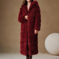 Burgundy Elegant Luxury Faux Fur Hooded Long Coat