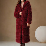 Burgundy Elegant Luxury Faux Fur Hooded Long Coat