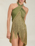 Green Boho Women's Fringe Detail Sarong Wrap Tie Up Beach Cover Up