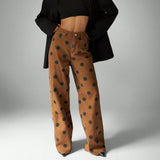 Brown High Waisted Casual Women's Wide Leg Polka Dot Jeans