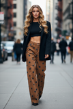 Brown High Waisted Casual Women's Wide Leg Polka Dot Jeans
