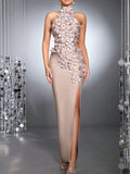 Apricot 3D Floral Sleeveless Collar Hollow Back High Slit Maxi Dress