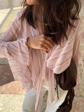 Baby Pink Casual Women's Striped Chiffon Blouse with Ruffle Trim