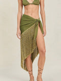 Green Boho Women's Fringe Detail Sarong Wrap Tie Up Beach Cover Up