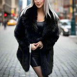 Glamorous Lapel Neck Slant Pockets Faux Fur Coat Black