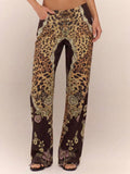 Brown Casual Women's Tiger Print Lace-Up Straight Leg Jeans