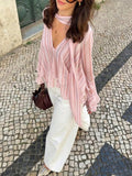 Baby Pink Casual Women's Striped Chiffon Blouse with Ruffle Trim
