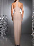 Apricot 3D Floral Sleeveless Collar Hollow Back High Slit Maxi Dress