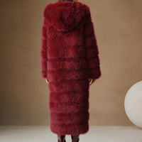 Burgundy Elegant Luxury Faux Fur Hooded Long Coat