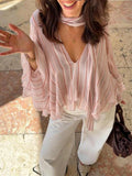 Baby Pink Casual Women's Striped Chiffon Blouse with Ruffle Trim