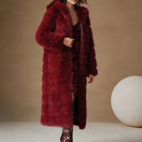 Burgundy Elegant Luxury Faux Fur Hooded Long Coat