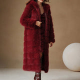 Burgundy Elegant Luxury Faux Fur Hooded Long Coat