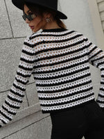 Striped Openwork Long-Sleeve Knit Pullover
