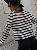 Striped Openwork Long-Sleeve Knit Pullover