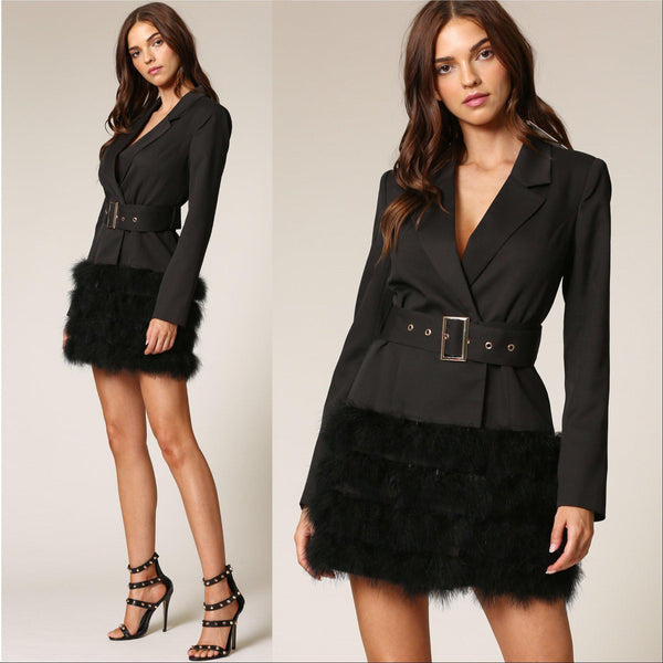 Coco Feather Trim Blazer Dress-Jackets & Coats-Moda Me Couture