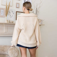 Creamy Knit Collar V-Neck Long Sleeve Sweater