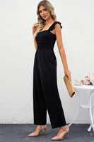 ALL THAT CLASS Smocked Square Neck Wide Leg Casual Jumpsuit Womens with Pockets