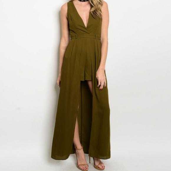 Olive Green Maxi Romper-Pants-Moda Me Couture