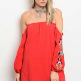 Embroidered Off Shoulder Red Dress-Dress-Moda Me Couture
