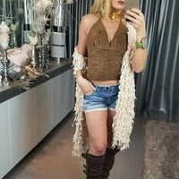 Leather Coachella Brown Halter Crop Top-Tops-Moda Me Couture