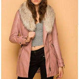 Faux Leather Coat with Fur Collar-Jackets & Coats-Moda Me Couture