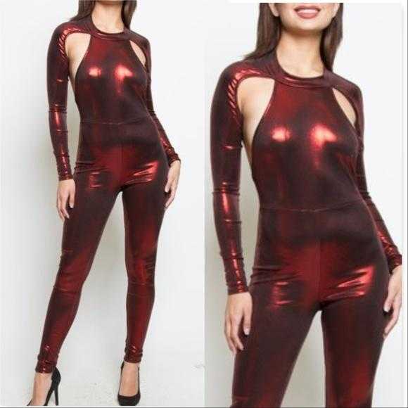 Burgundy Metallic Jumpsuit-Pants-Moda Me Couture