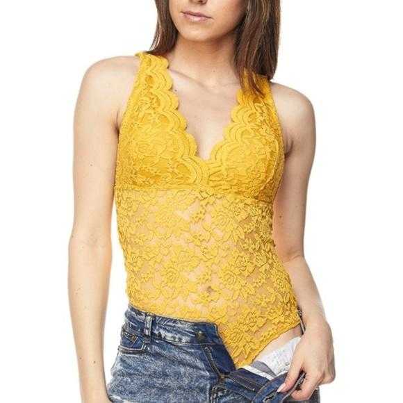 Mustard Lace Bodysuit-Tops-Moda Me Couture