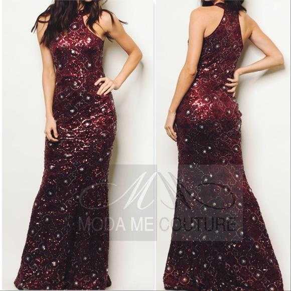 Stunning Sequin Gown Burgundy-Dress-Moda Me Couture