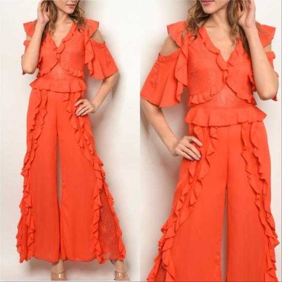 Coral Ruffled Jumpsuit-Pants-Moda Me Couture