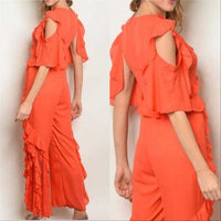 Coral Ruffled Jumpsuit-Pants-Moda Me Couture