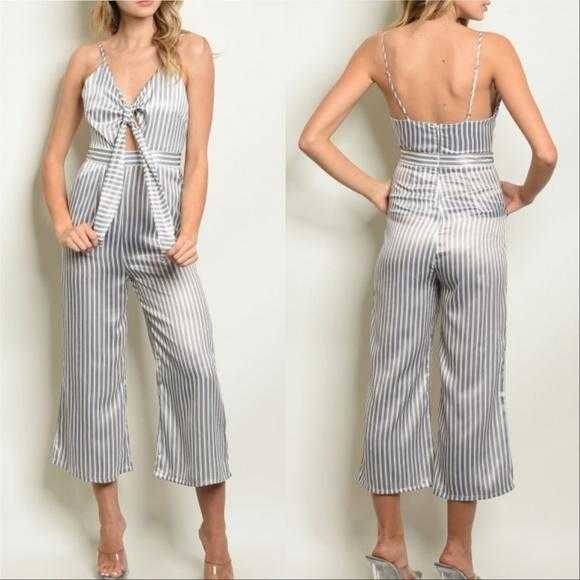Gray Striped Jumpsuit-Pants-Moda Me Couture