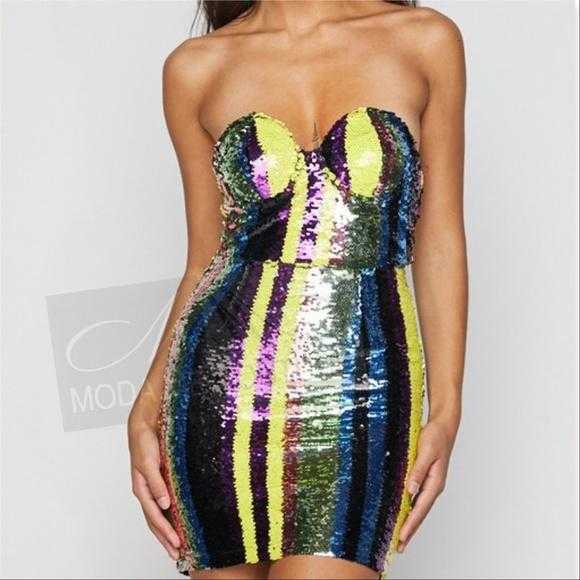 Sequins & Stripes Mini Dress-Dress-Moda Me Couture