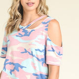 Army Print Cut Out Tee - Pink-Tops-Moda Me Couture
