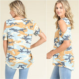 Army Print Cut Out Tee - Blue-Tops-Moda Me Couture