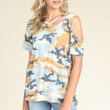 Army Print Cut Out Tee - Blue-Tops-Moda Me Couture