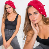 Pearl Detailed fuzzy Beret - Red-Accessories-Moda Me Couture
