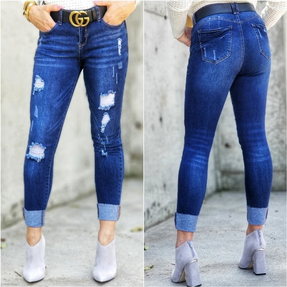 KYLIE Distressed Cuffed Hem Jeans-Jeans-Moda Me Couture