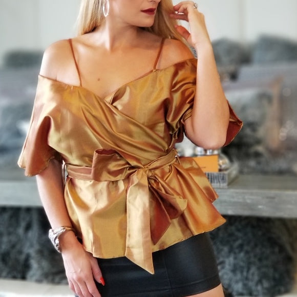 Top Womens Wrap Top Gold | Moda Me Couture M / Gold / Polyester Top Womens Wrap Top Gold | Moda Me Couture M / Gold / Polyester