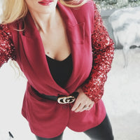 Burgundy Sequinned Sleeved Blazer-Jackets & Coats-Moda Me Couture
