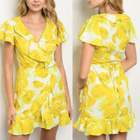 Sun Drenched Yellow Floral Wrap Mini Dress-Dress-Moda Me Couture