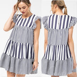Hampton Vertical Blue Striped Babydoll Dress-Dress-Moda Me Couture