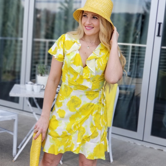 Sun Drenched Yellow Floral Wrap Mini Dress-Dress-Moda Me Couture