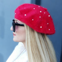 Pearl Detailed fuzzy Beret - Red